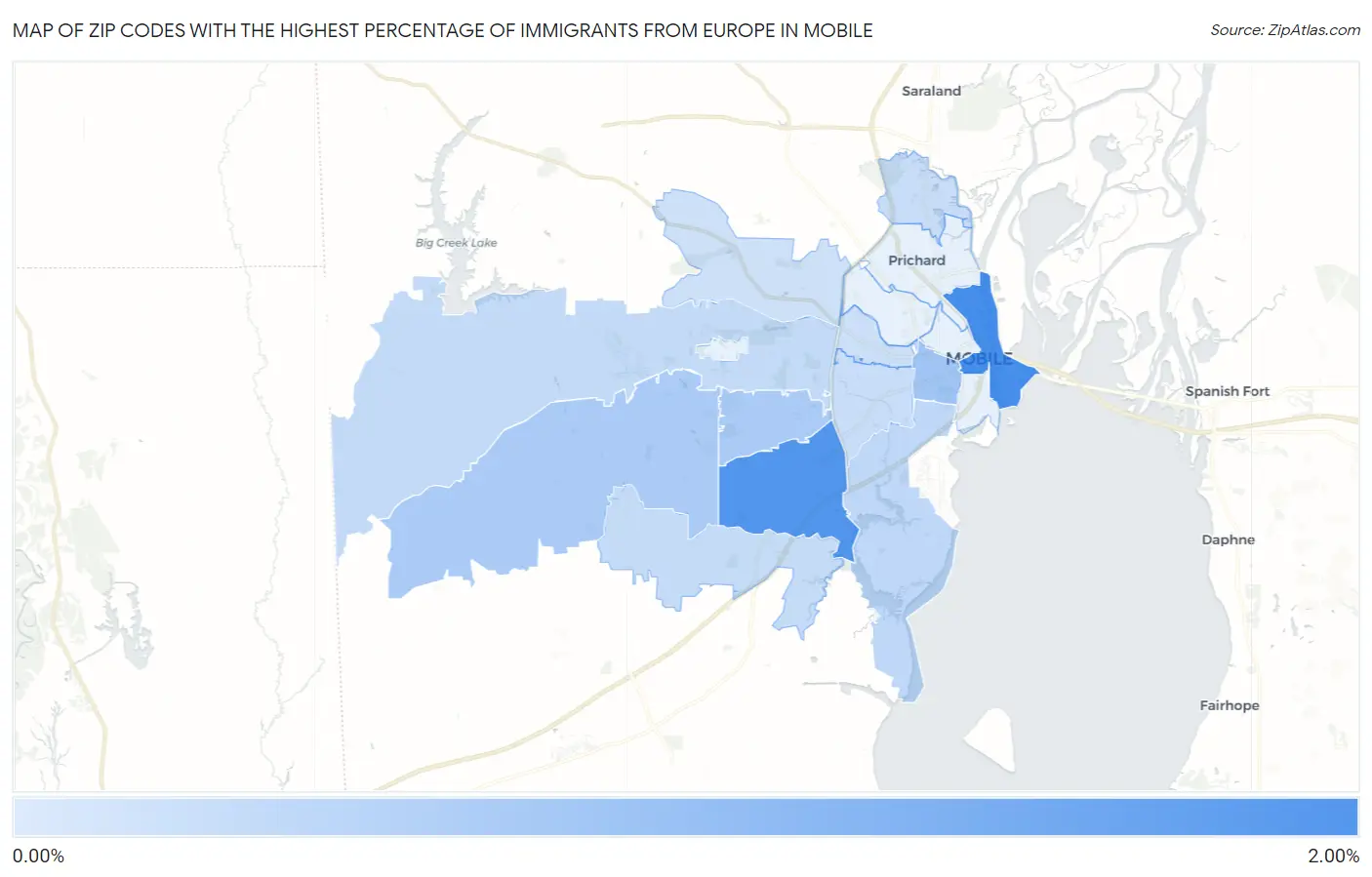 Zip Codes with the Highest Percentage of Immigrants from Europe in Mobile Map