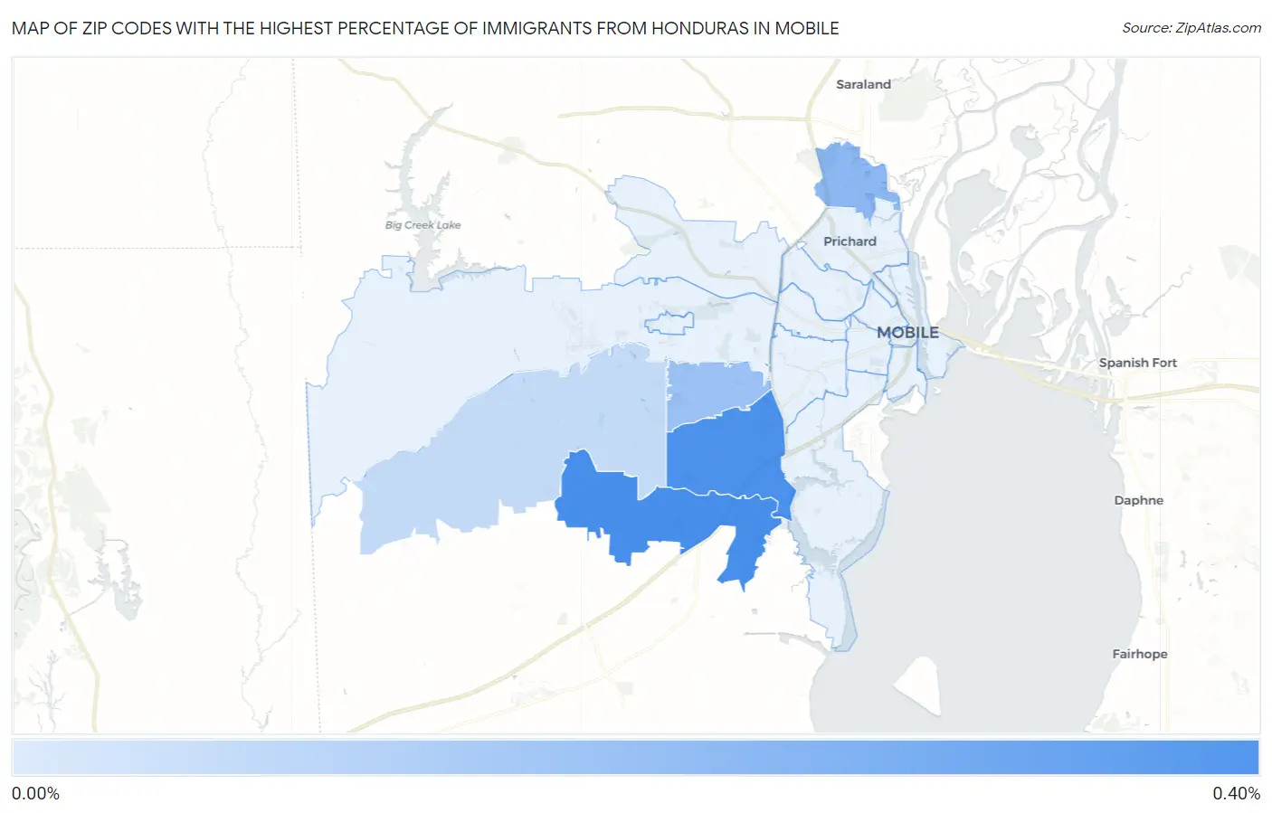 Zip Codes with the Highest Percentage of Immigrants from Honduras in Mobile Map