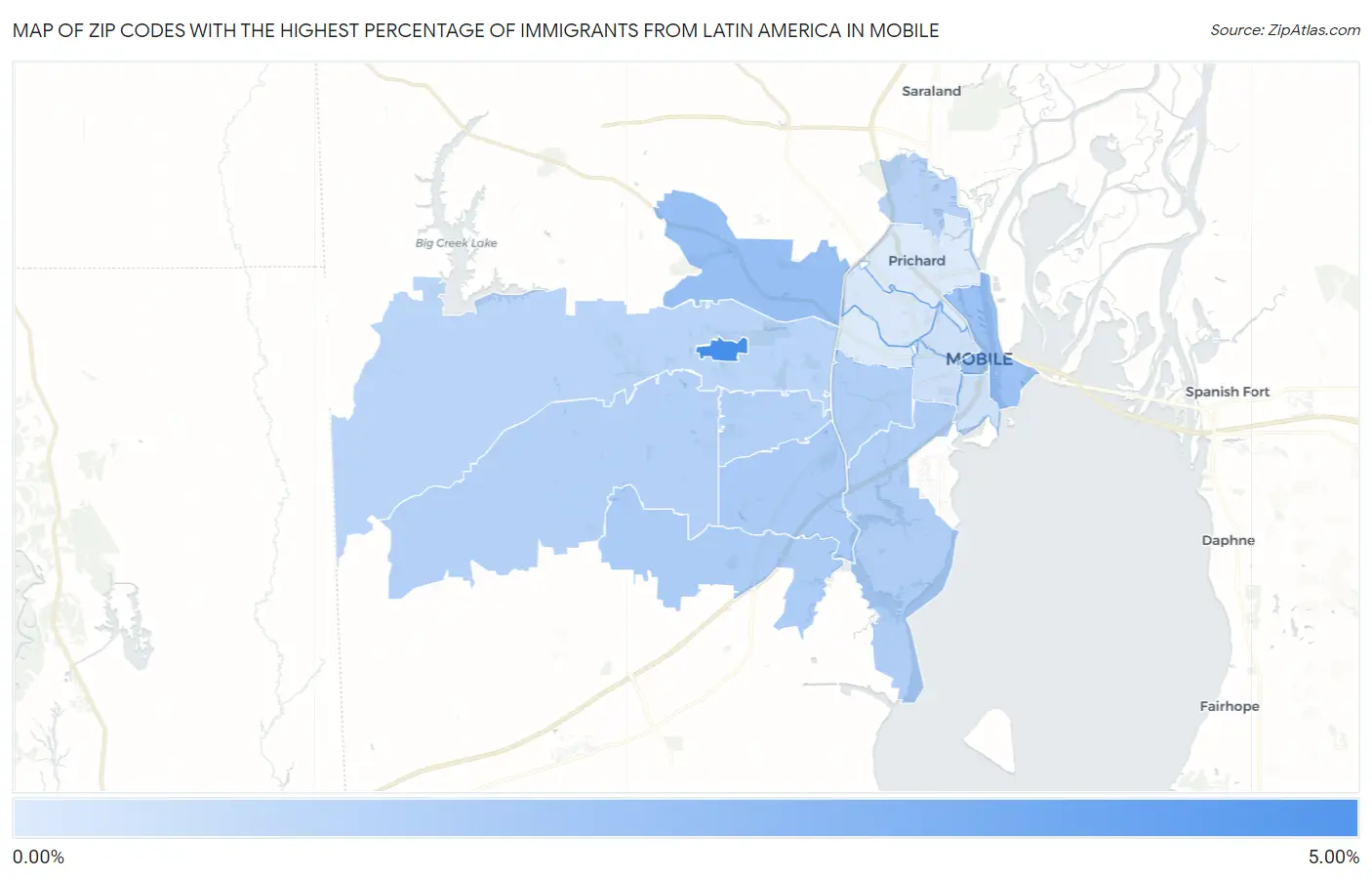 Zip Codes with the Highest Percentage of Immigrants from Latin America in Mobile Map