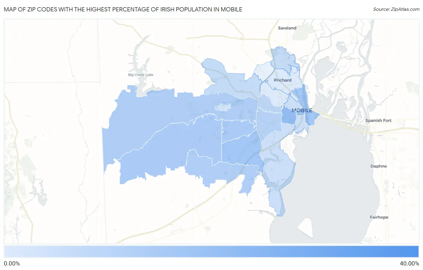 Zip Codes with the Highest Percentage of Irish Population in Mobile Map