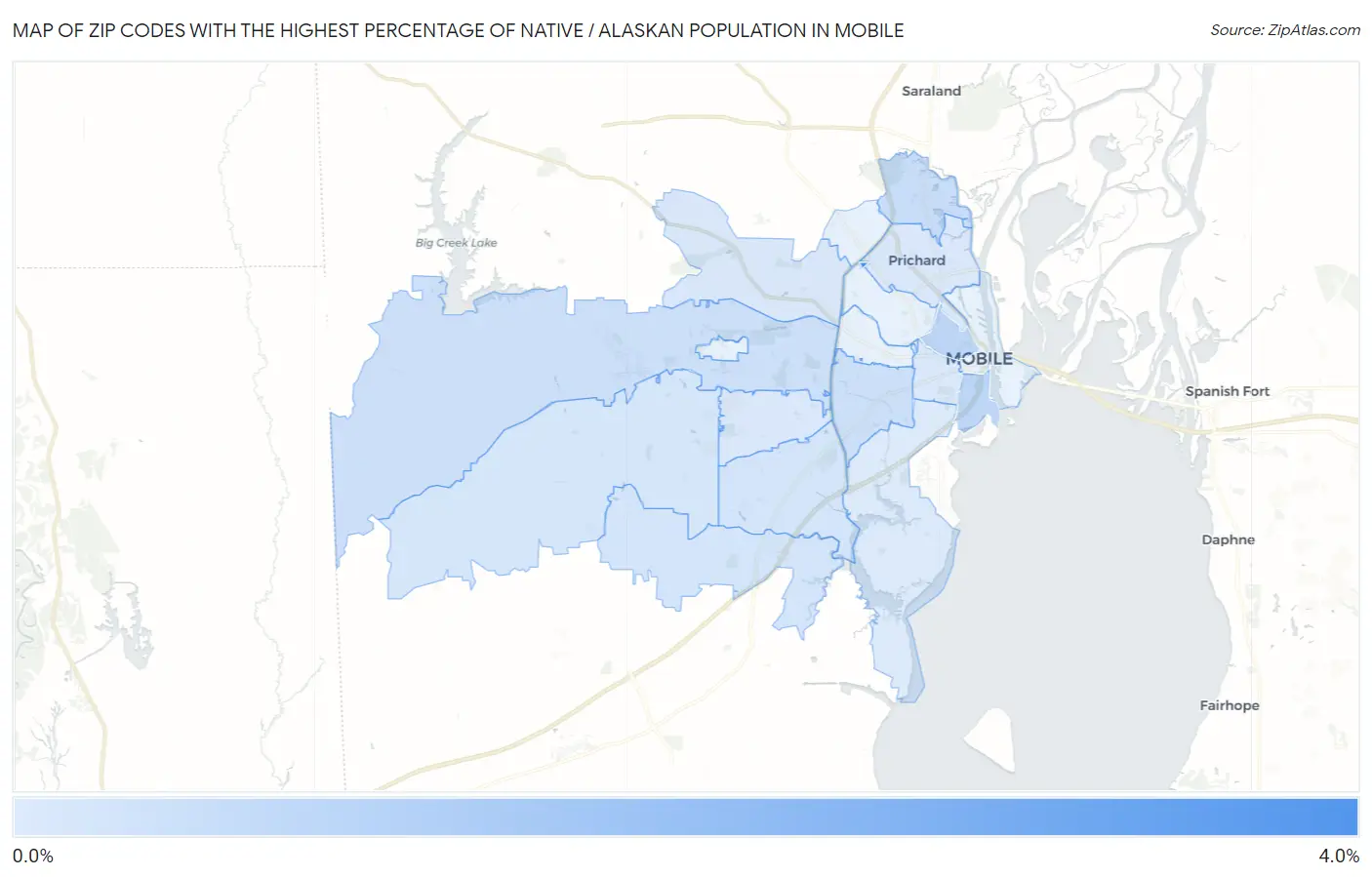 Zip Codes with the Highest Percentage of Native / Alaskan Population in Mobile Map