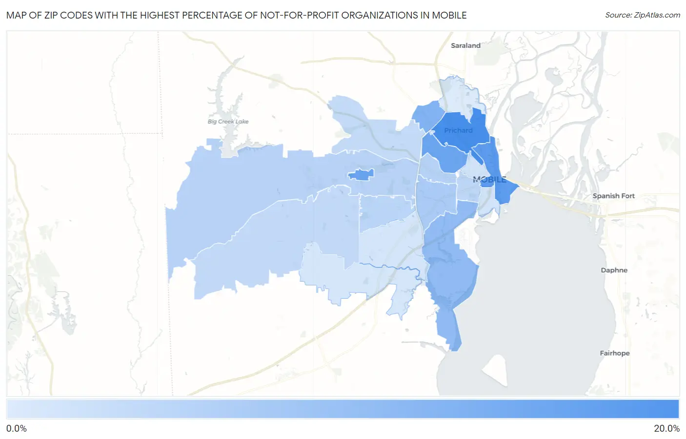 Zip Codes with the Highest Percentage of Not-for-profit Organizations in Mobile Map