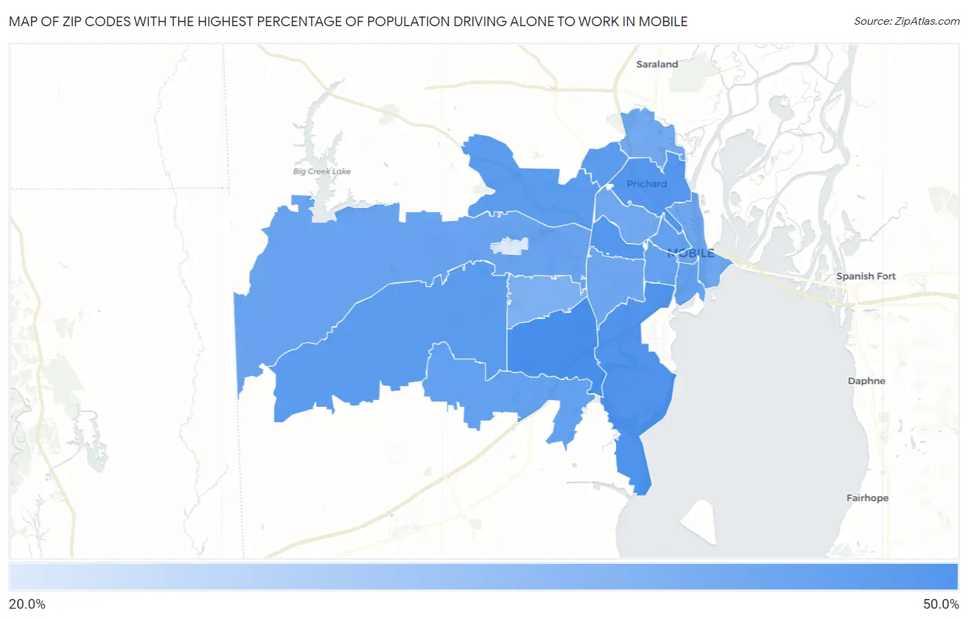 Zip Codes with the Highest Percentage of Population Driving Alone to Work in Mobile Map