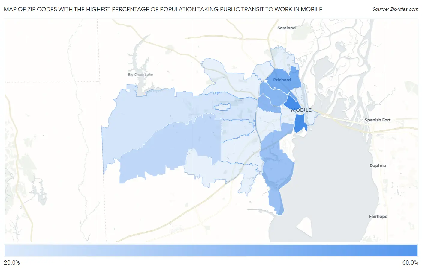 Zip Codes with the Highest Percentage of Population Taking Public Transit to Work in Mobile Map