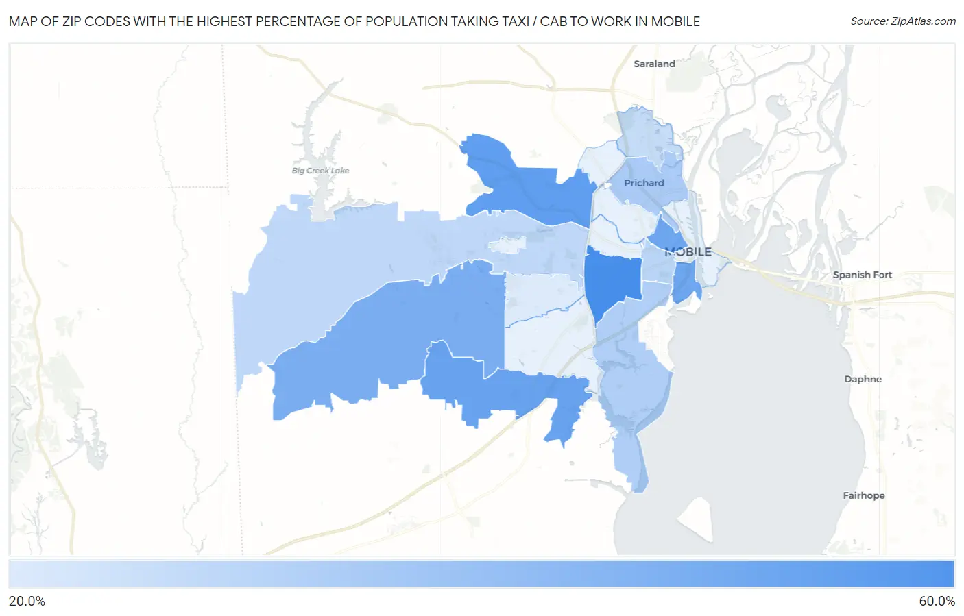 Zip Codes with the Highest Percentage of Population Taking Taxi / Cab to Work in Mobile Map