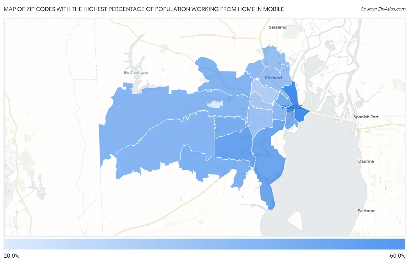 Zip Codes with the Highest Percentage of Population Working from Home in Mobile Map