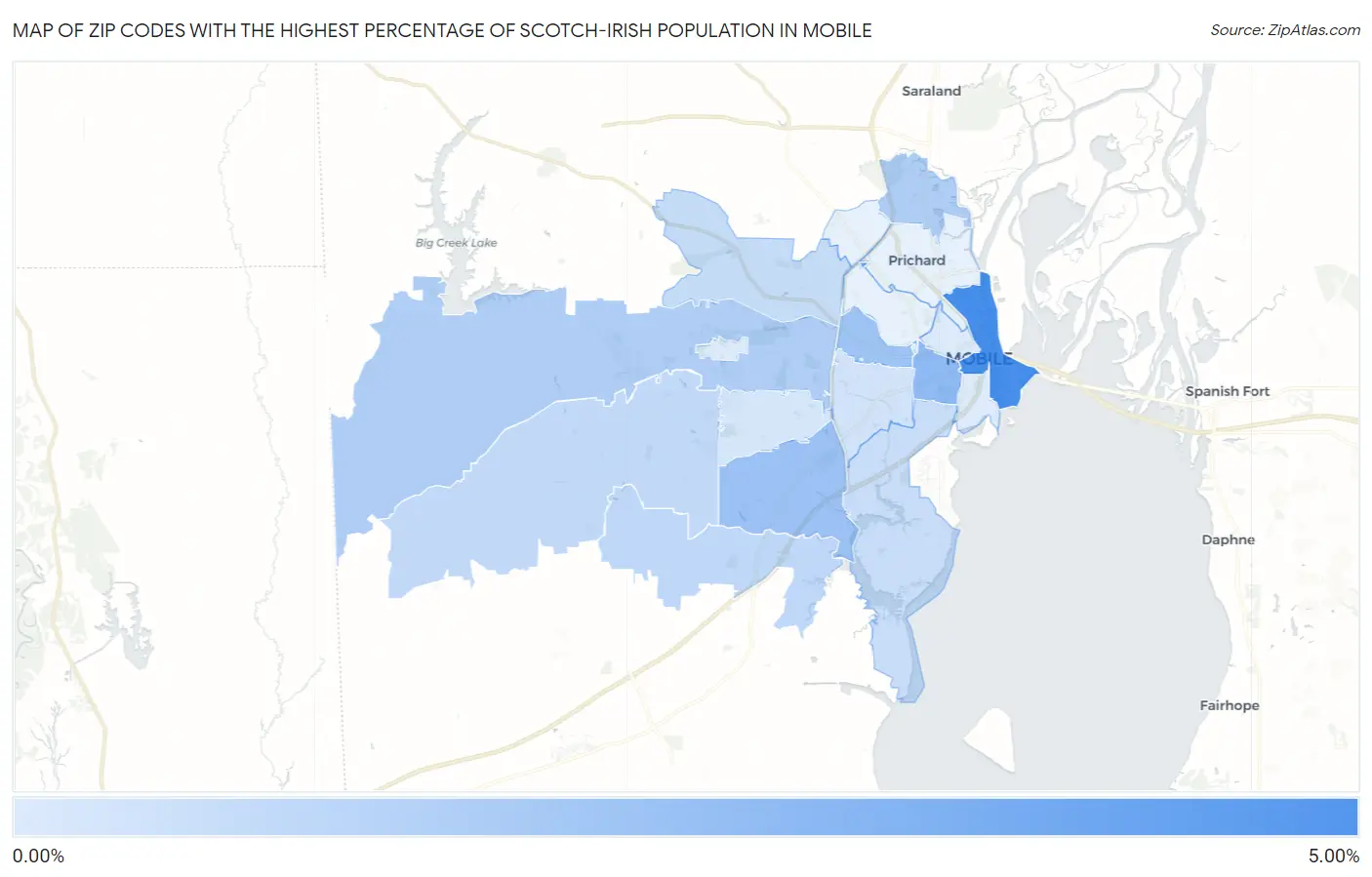 Zip Codes with the Highest Percentage of Scotch-Irish Population in Mobile Map