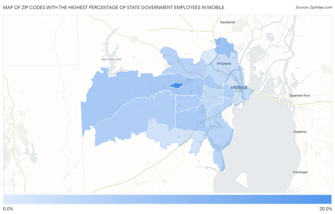 Zip Codes with the Highest Percentage of State Government Employees in Mobile Map