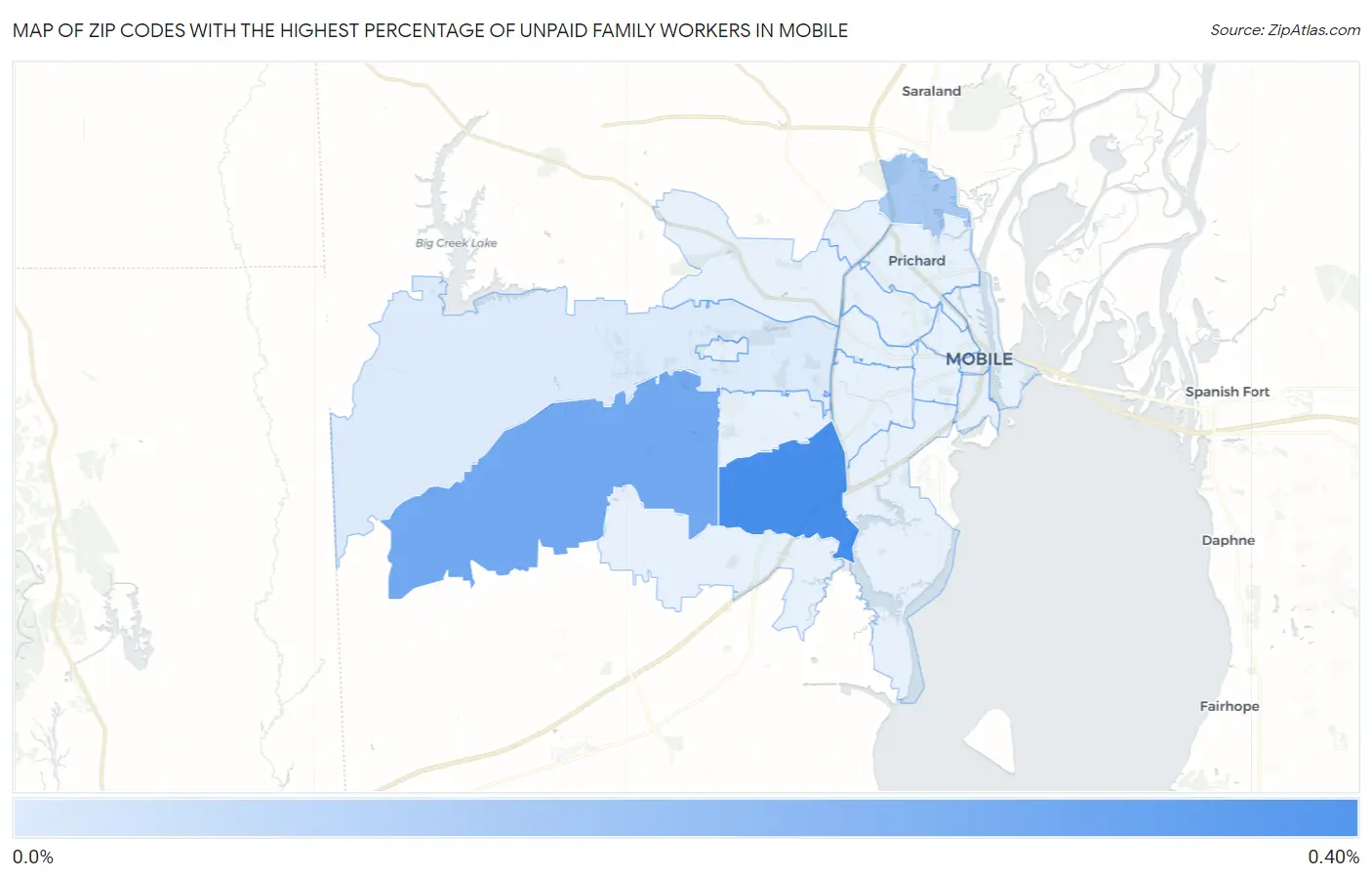 Zip Codes with the Highest Percentage of Unpaid Family Workers in Mobile Map