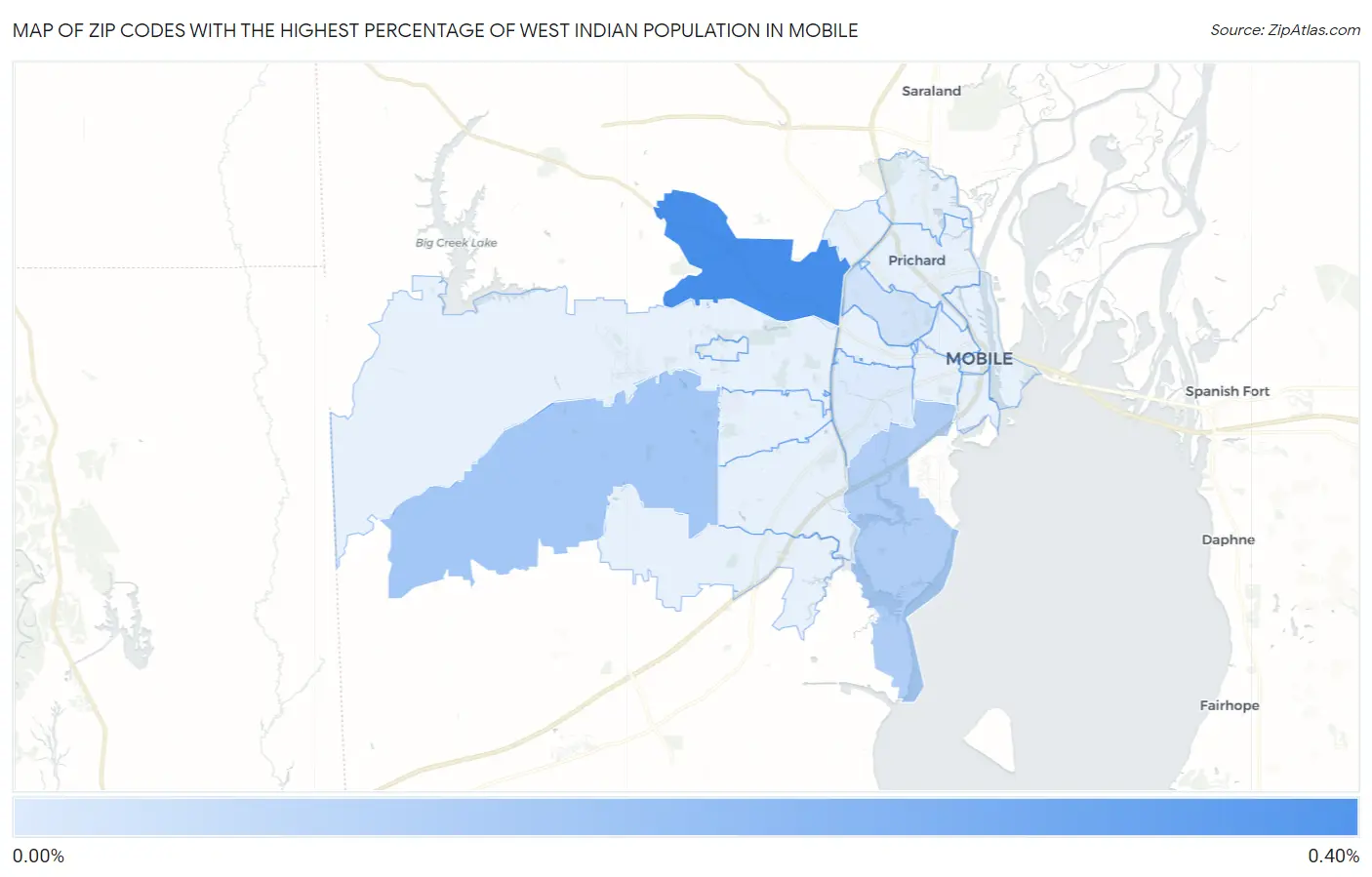 Zip Codes with the Highest Percentage of West Indian Population in Mobile Map