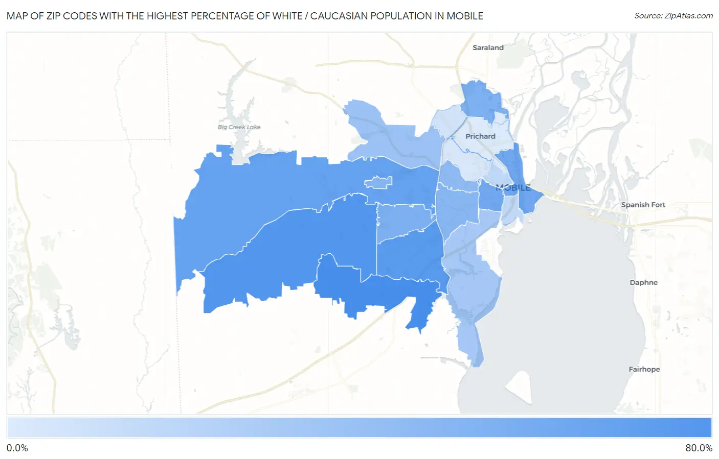 Zip Codes with the Highest Percentage of White / Caucasian Population in Mobile Map