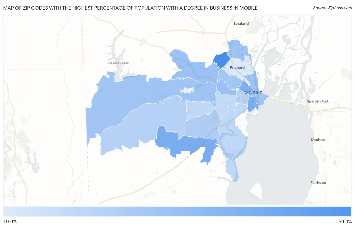 Zip Codes with the Highest Percentage of Population with a Degree in Business in Mobile Map