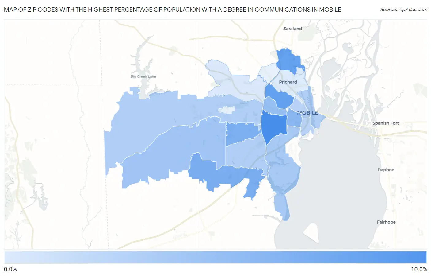 Zip Codes with the Highest Percentage of Population with a Degree in Communications in Mobile Map