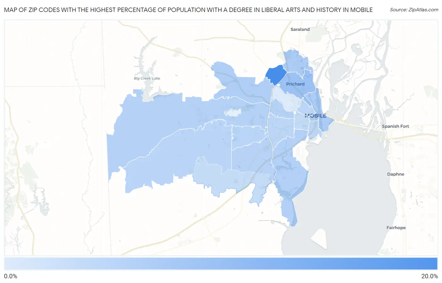Zip Codes with the Highest Percentage of Population with a Degree in Liberal Arts and History in Mobile Map