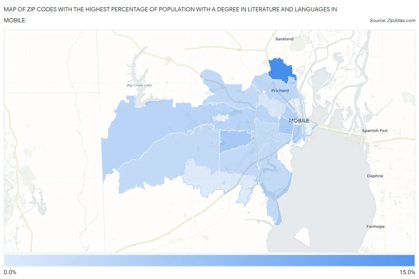 Zip Codes with the Highest Percentage of Population with a Degree in Literature and Languages in Mobile Map