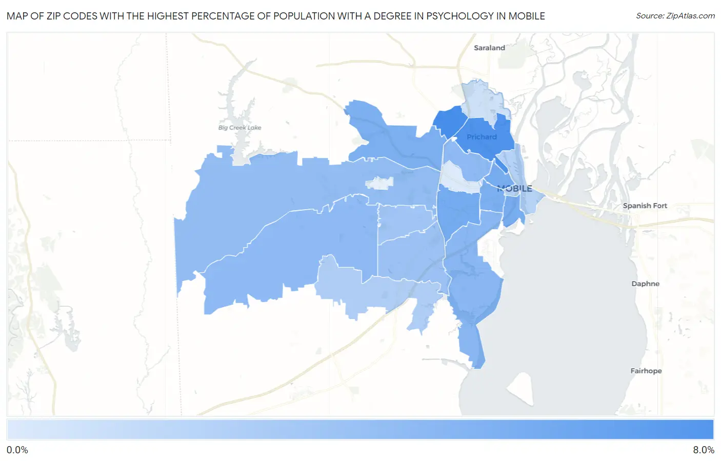 Zip Codes with the Highest Percentage of Population with a Degree in Psychology in Mobile Map