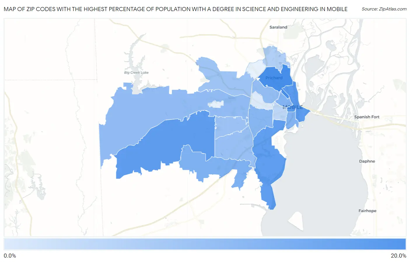 Zip Codes with the Highest Percentage of Population with a Degree in Science and Engineering in Mobile Map