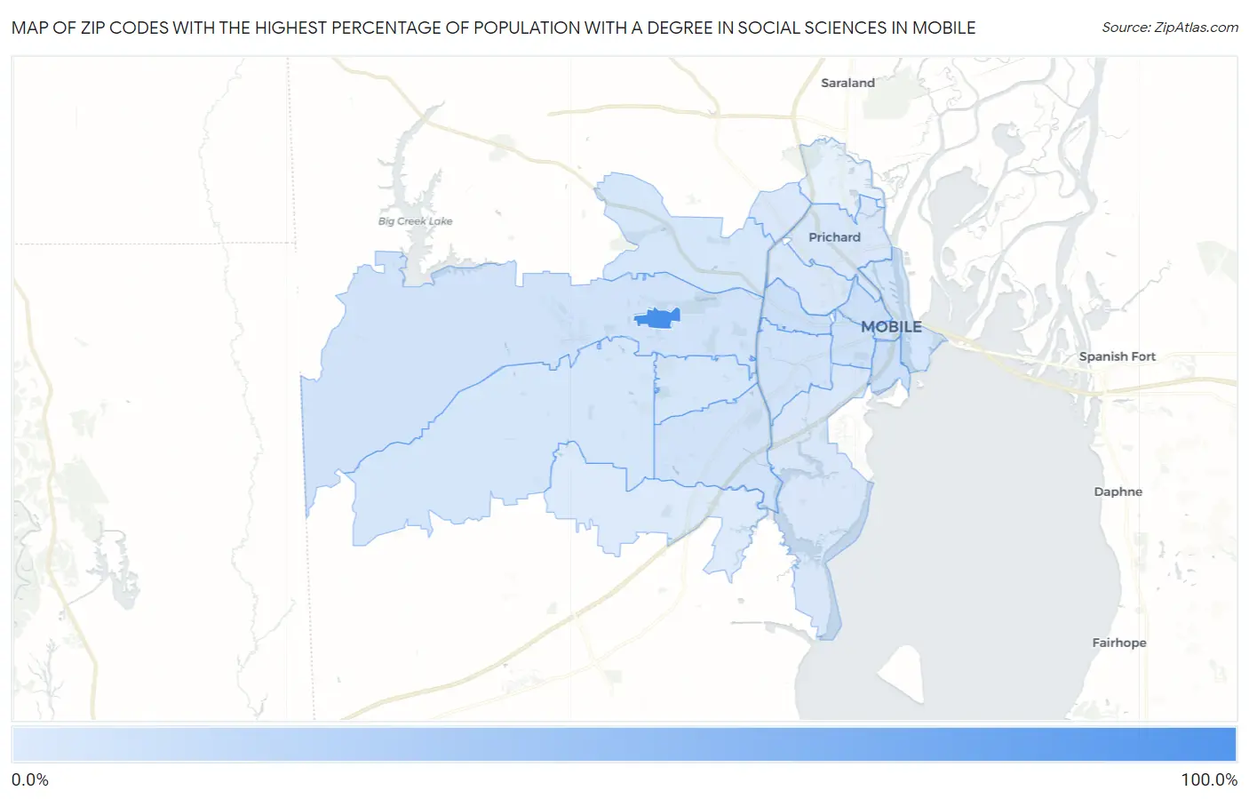 Zip Codes with the Highest Percentage of Population with a Degree in Social Sciences in Mobile Map