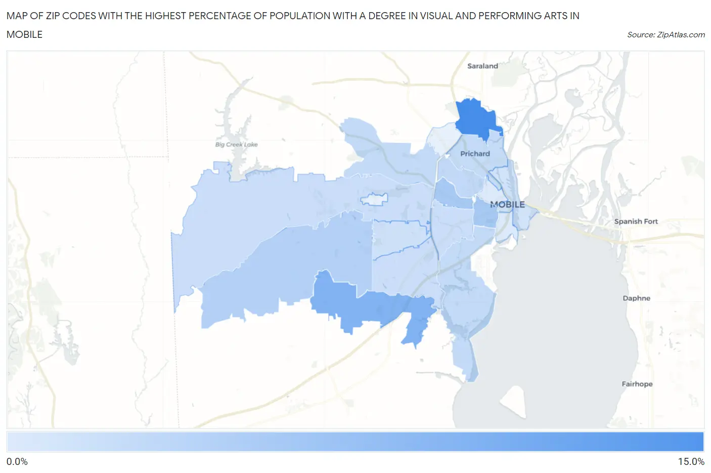 Zip Codes with the Highest Percentage of Population with a Degree in Visual and Performing Arts in Mobile Map