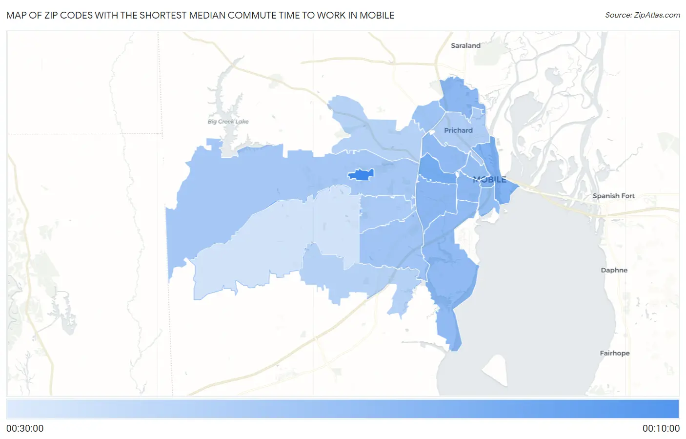 Zip Codes with the Shortest Median Commute Time to Work in Mobile Map