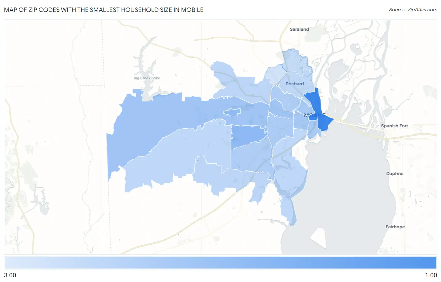 Zip Codes with the Smallest Household Size in Mobile Map