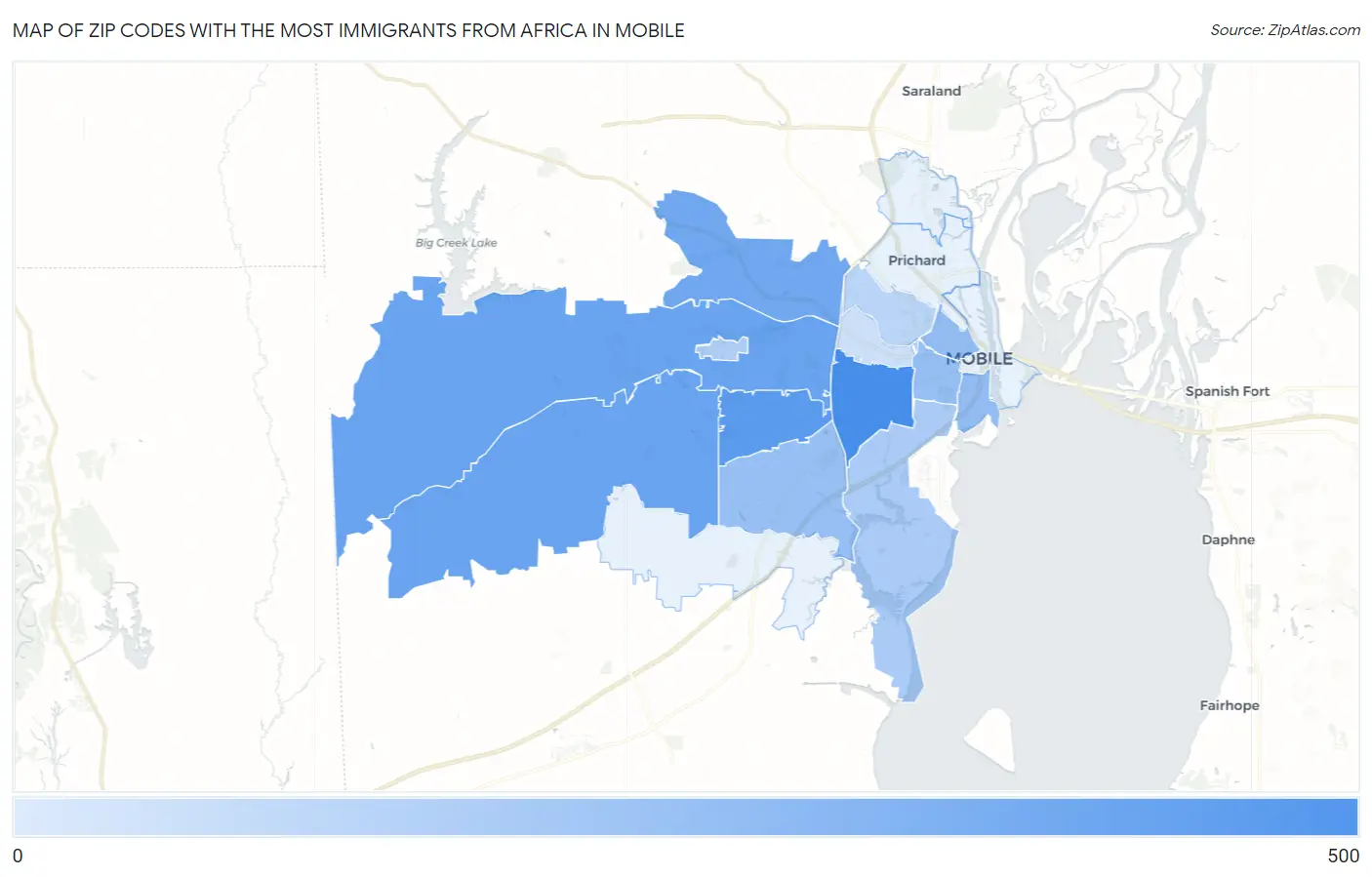 Zip Codes with the Most Immigrants from Africa in Mobile Map