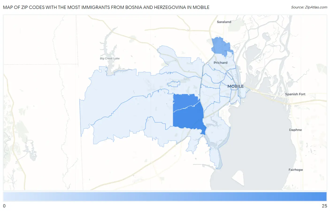 Zip Codes with the Most Immigrants from Bosnia and Herzegovina in Mobile Map