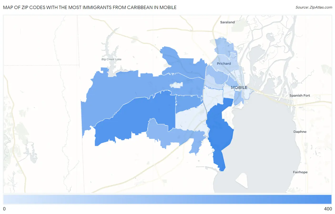 Zip Codes with the Most Immigrants from Caribbean in Mobile Map