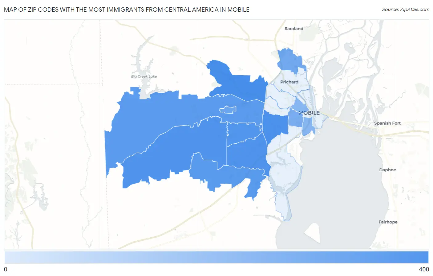 Zip Codes with the Most Immigrants from Central America in Mobile Map