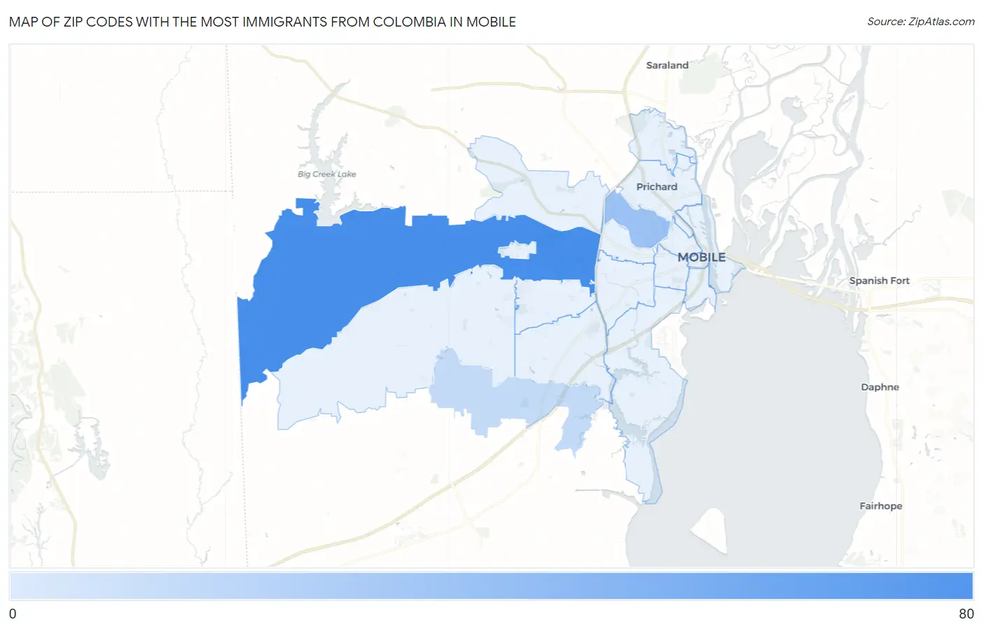 Zip Codes with the Most Immigrants from Colombia in Mobile Map