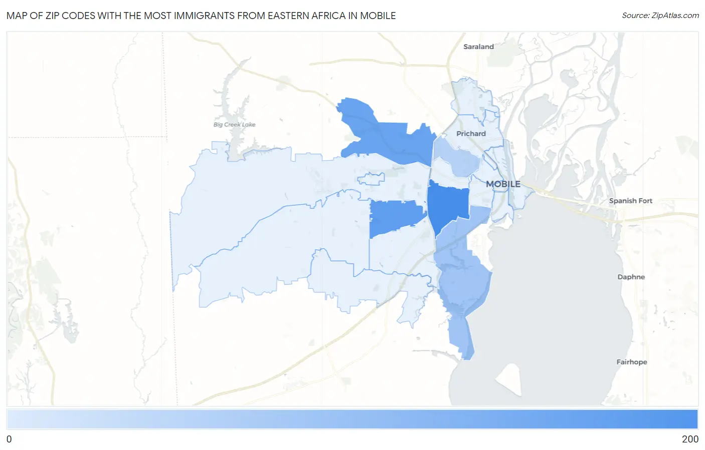 Zip Codes with the Most Immigrants from Eastern Africa in Mobile Map