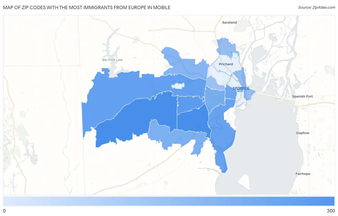 Zip Codes with the Most Immigrants from Europe in Mobile Map