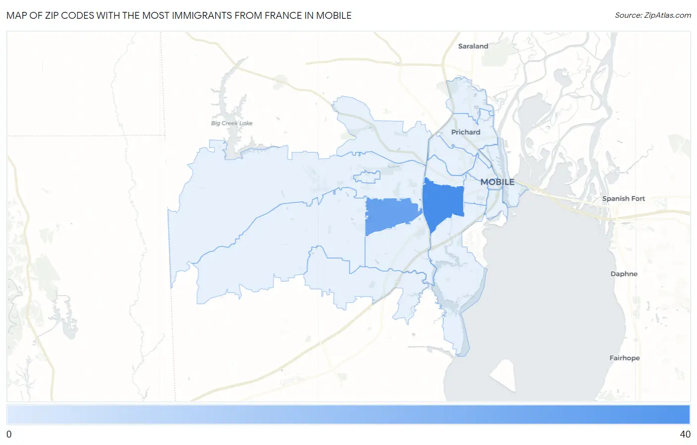 Zip Codes with the Most Immigrants from France in Mobile Map