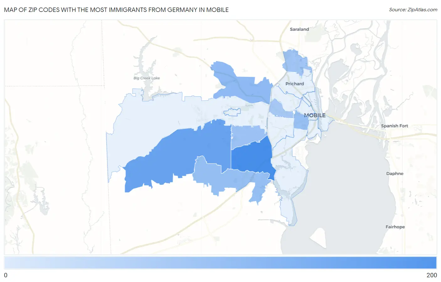 Zip Codes with the Most Immigrants from Germany in Mobile Map