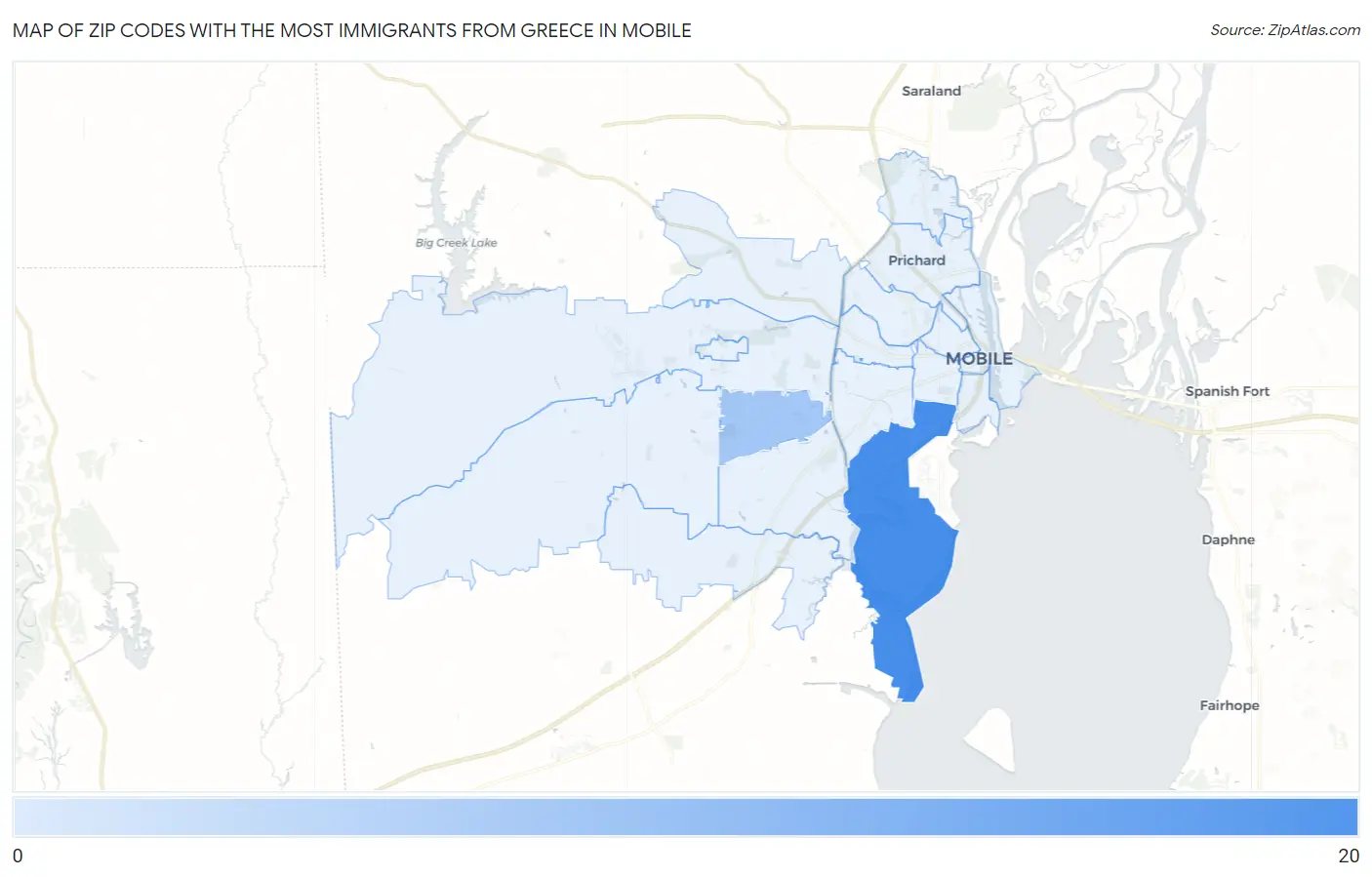 Zip Codes with the Most Immigrants from Greece in Mobile Map
