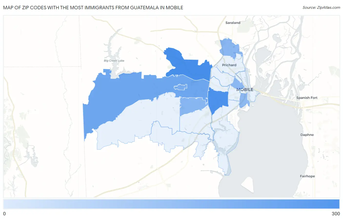 Zip Codes with the Most Immigrants from Guatemala in Mobile Map