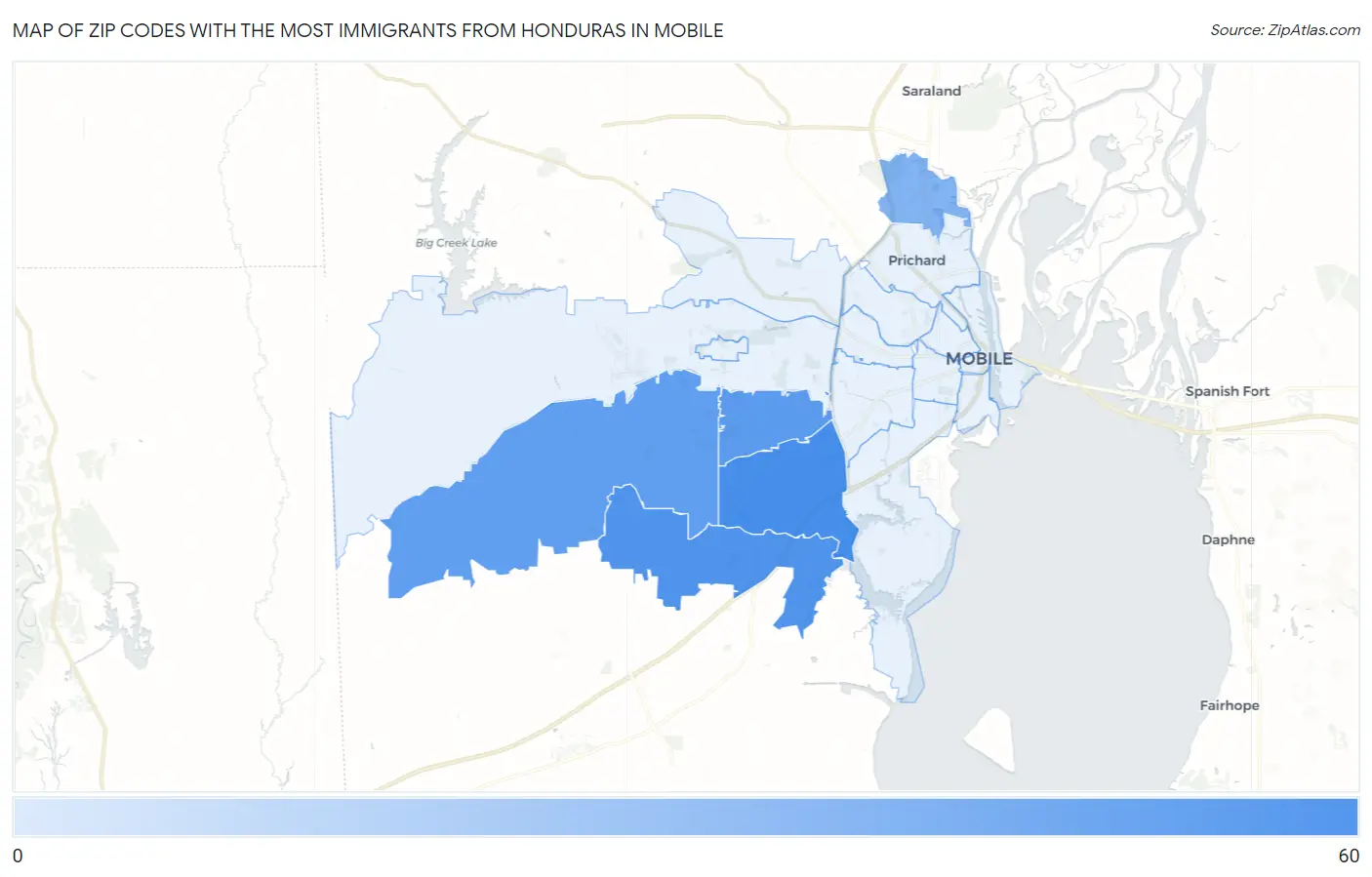 Zip Codes with the Most Immigrants from Honduras in Mobile Map