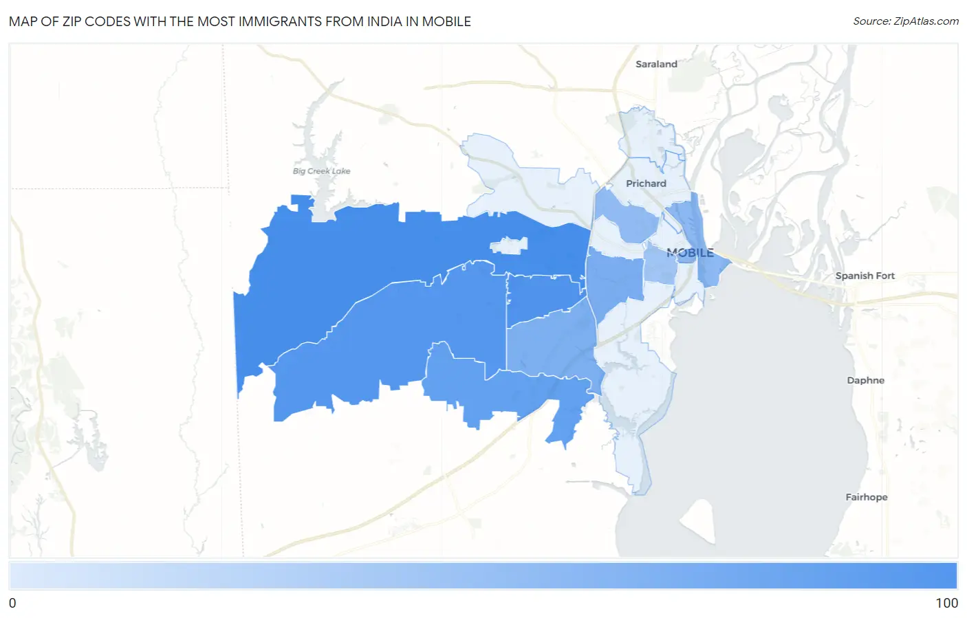 Zip Codes with the Most Immigrants from India in Mobile Map