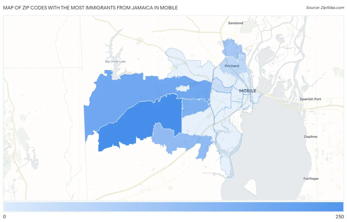 Zip Codes with the Most Immigrants from Jamaica in Mobile Map