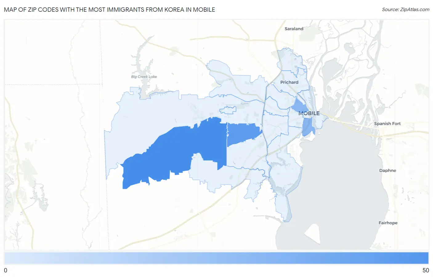 Zip Codes with the Most Immigrants from Korea in Mobile Map