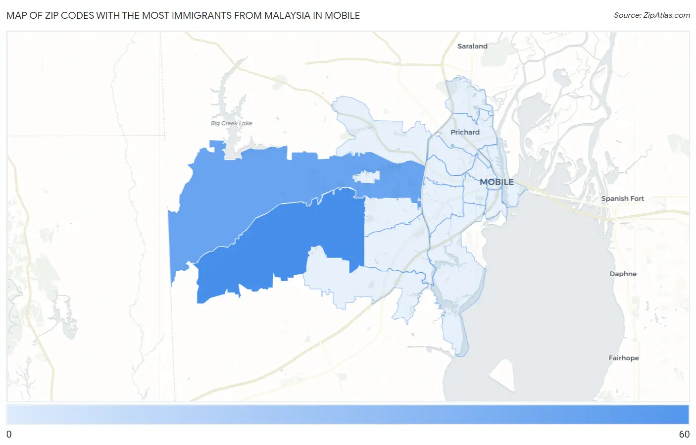 Zip Codes with the Most Immigrants from Malaysia in Mobile Map