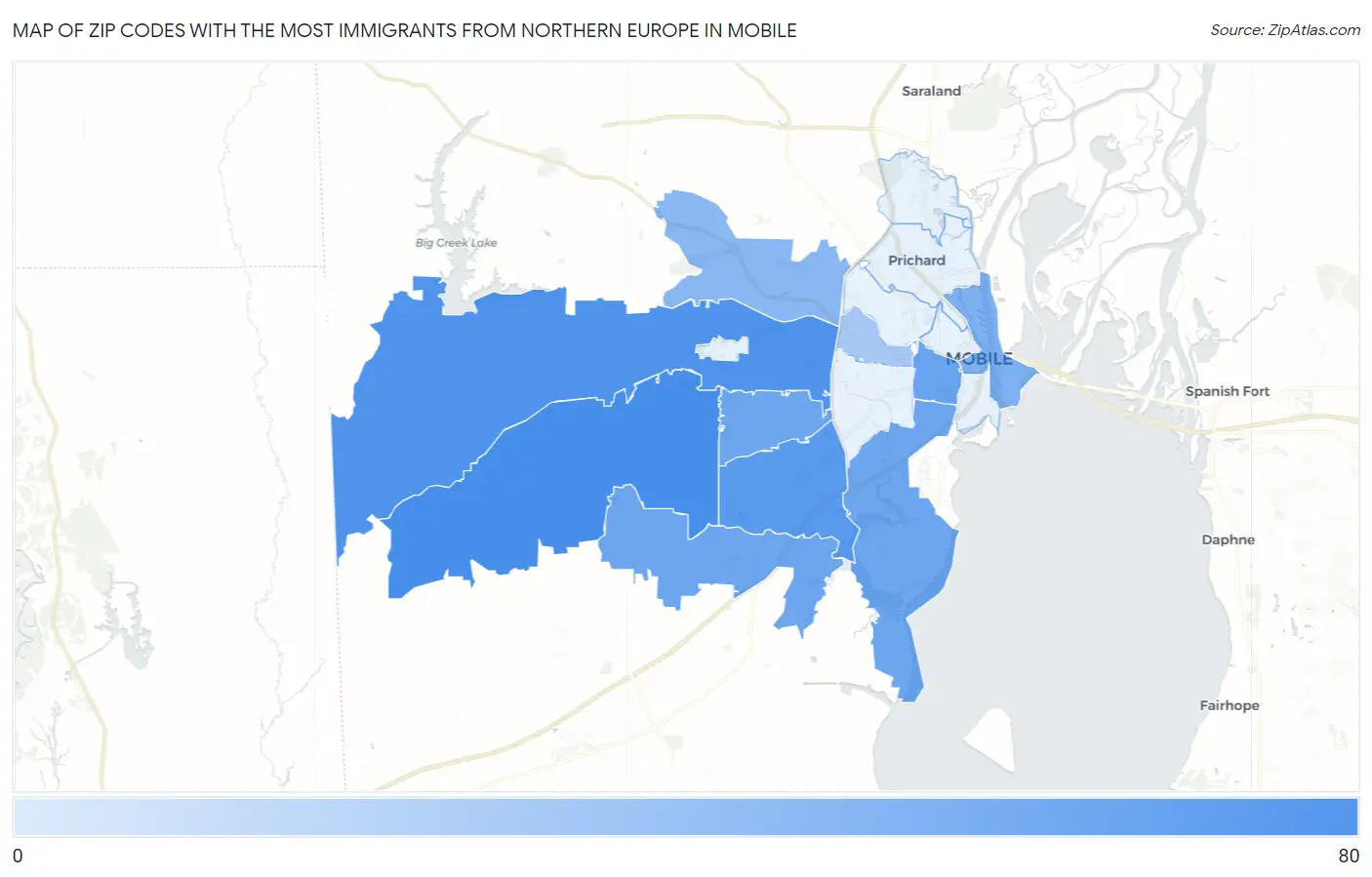 Zip Codes with the Most Immigrants from Northern Europe in Mobile Map