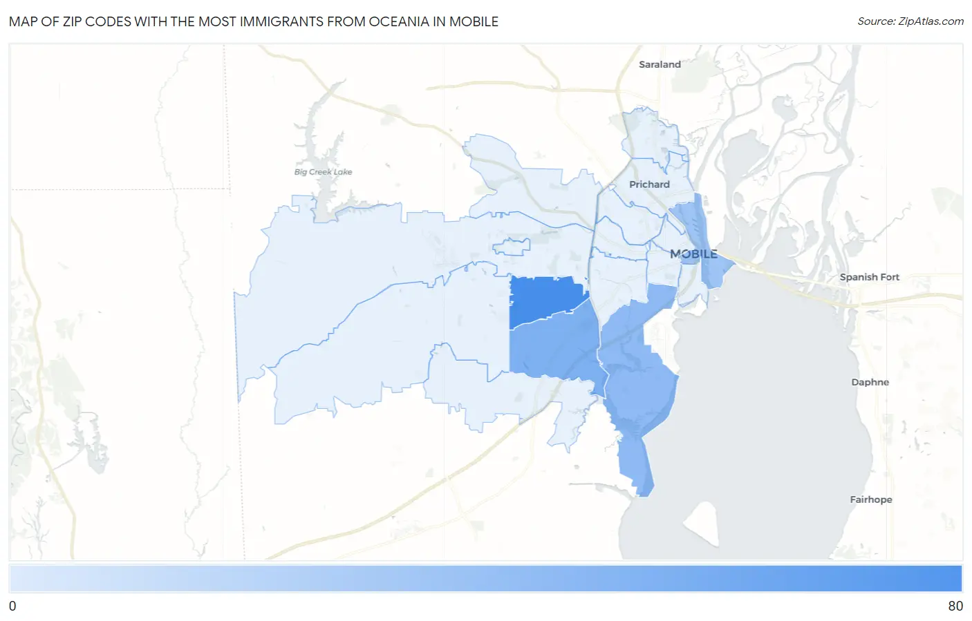 Zip Codes with the Most Immigrants from Oceania in Mobile Map