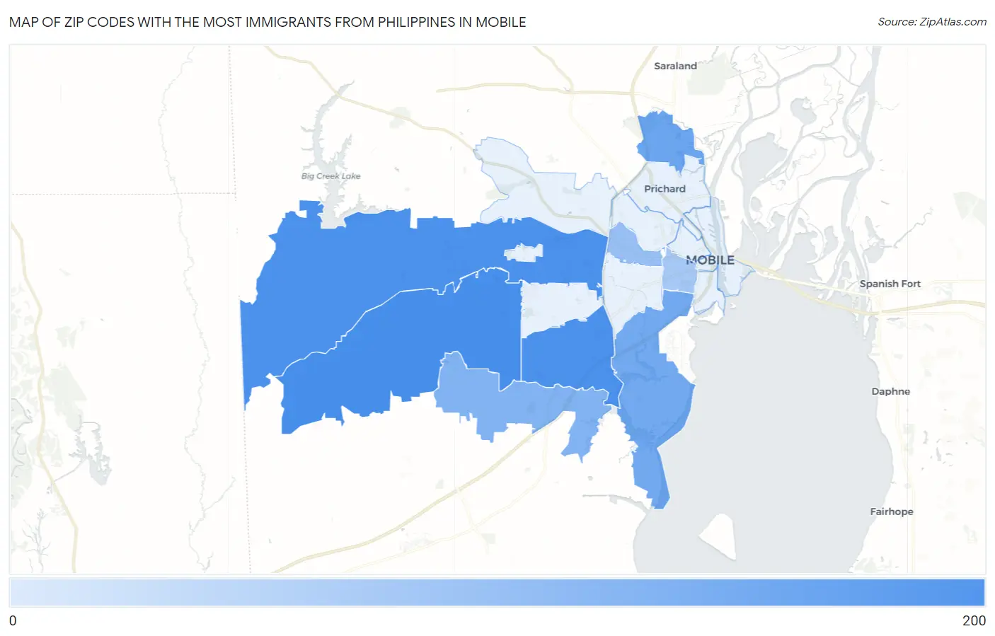 Zip Codes with the Most Immigrants from Philippines in Mobile Map