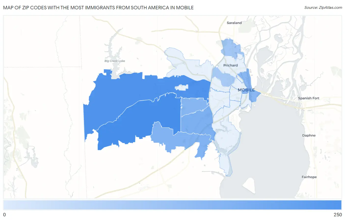 Zip Codes with the Most Immigrants from South America in Mobile Map