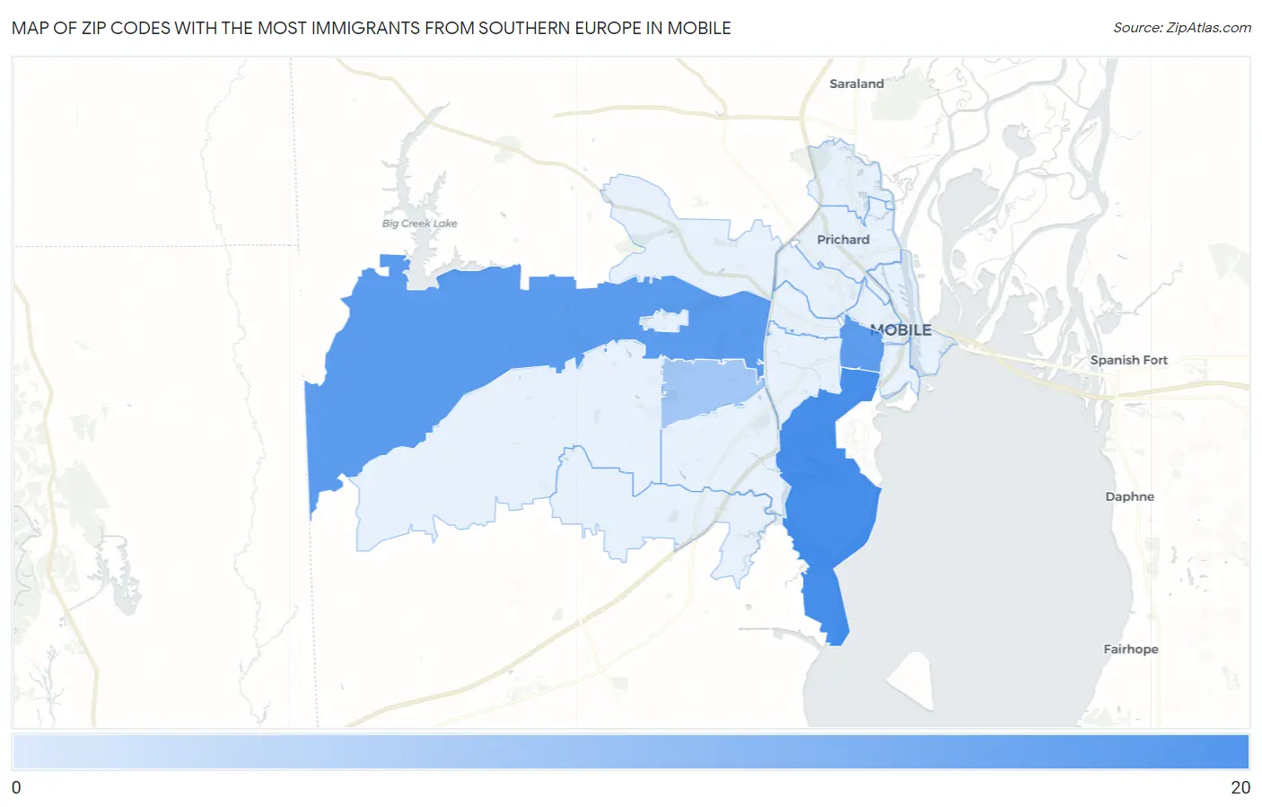 Zip Codes with the Most Immigrants from Southern Europe in Mobile Map