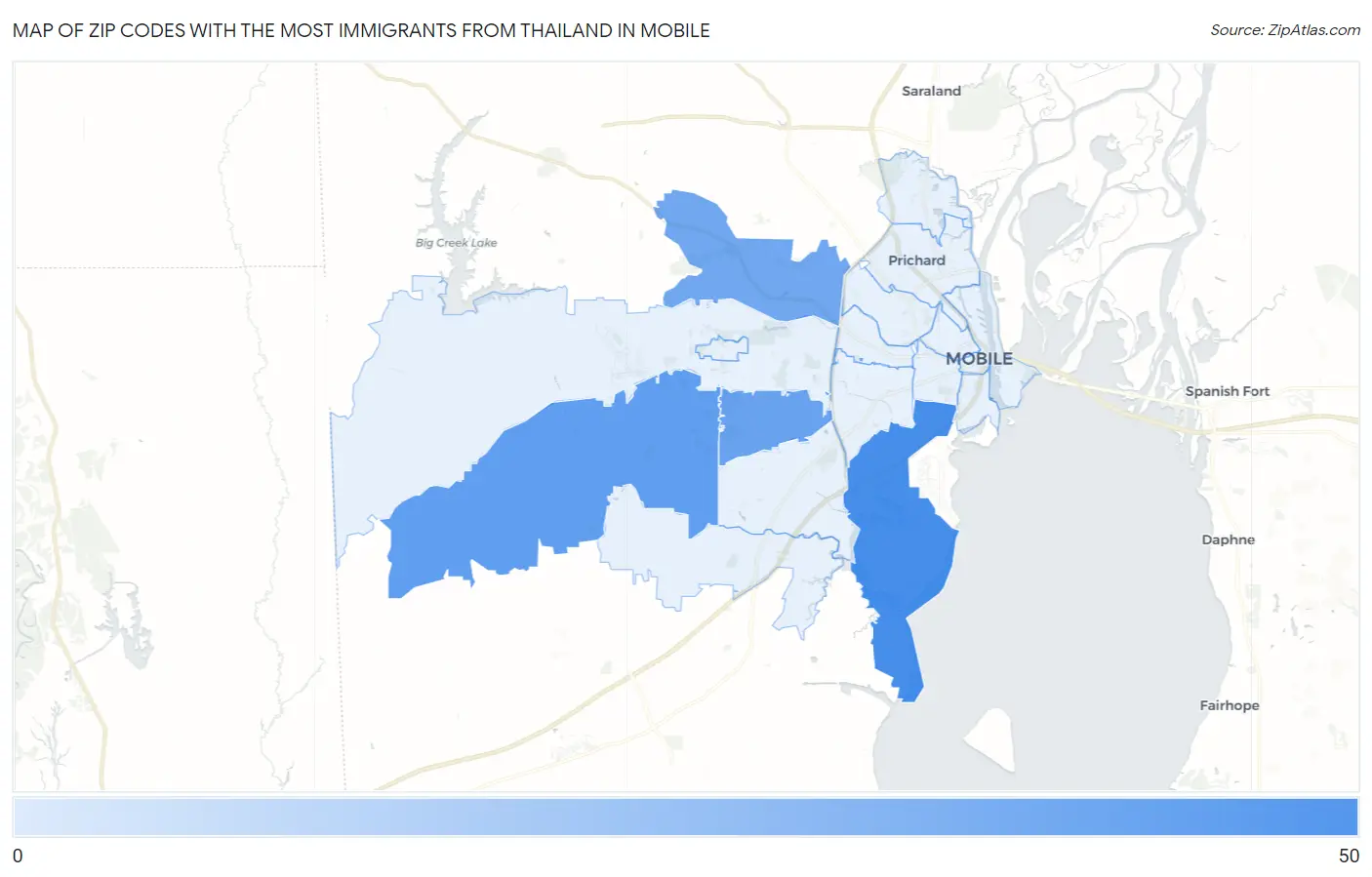 Zip Codes with the Most Immigrants from Thailand in Mobile Map