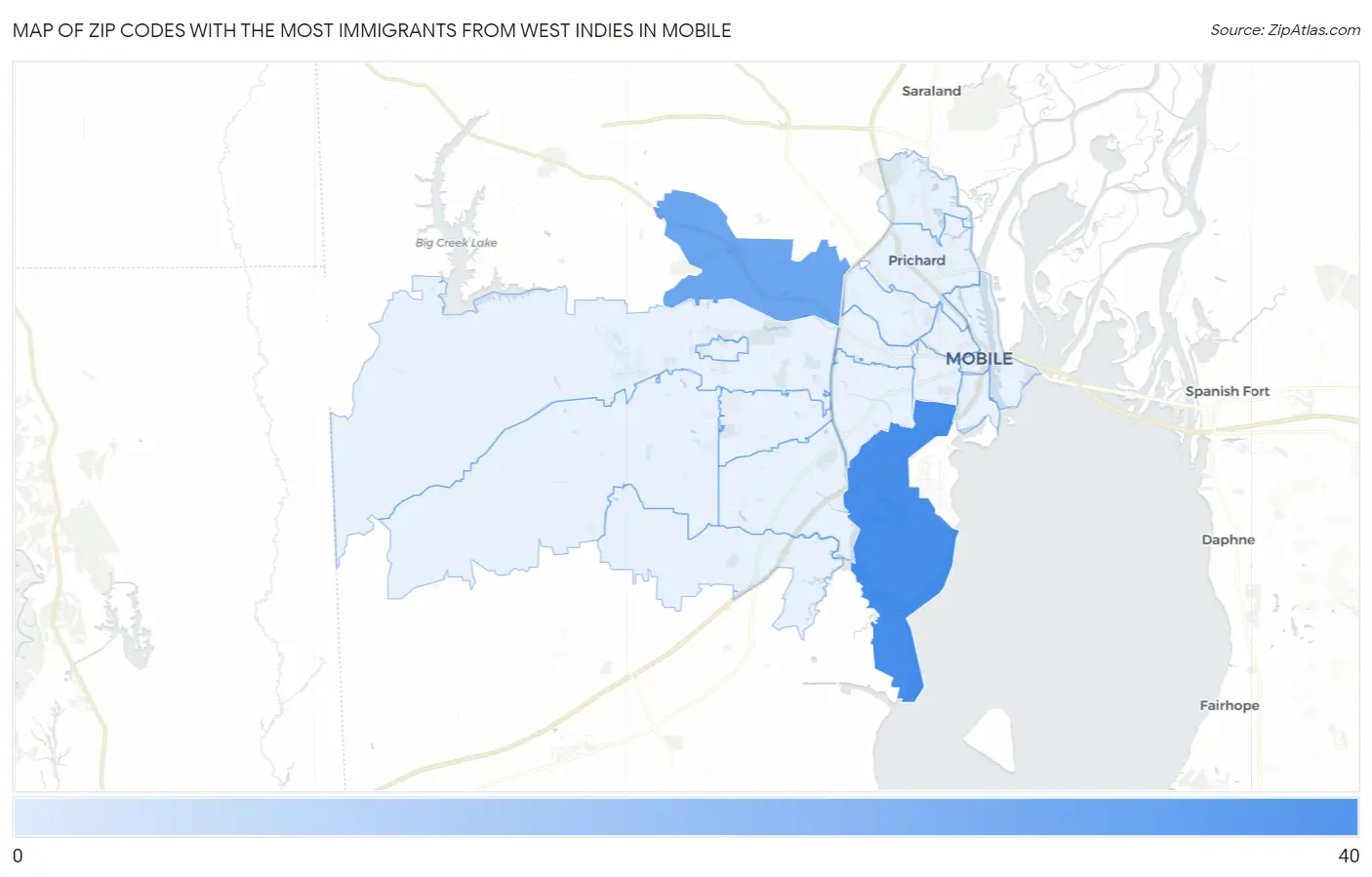 Zip Codes with the Most Immigrants from West Indies in Mobile Map