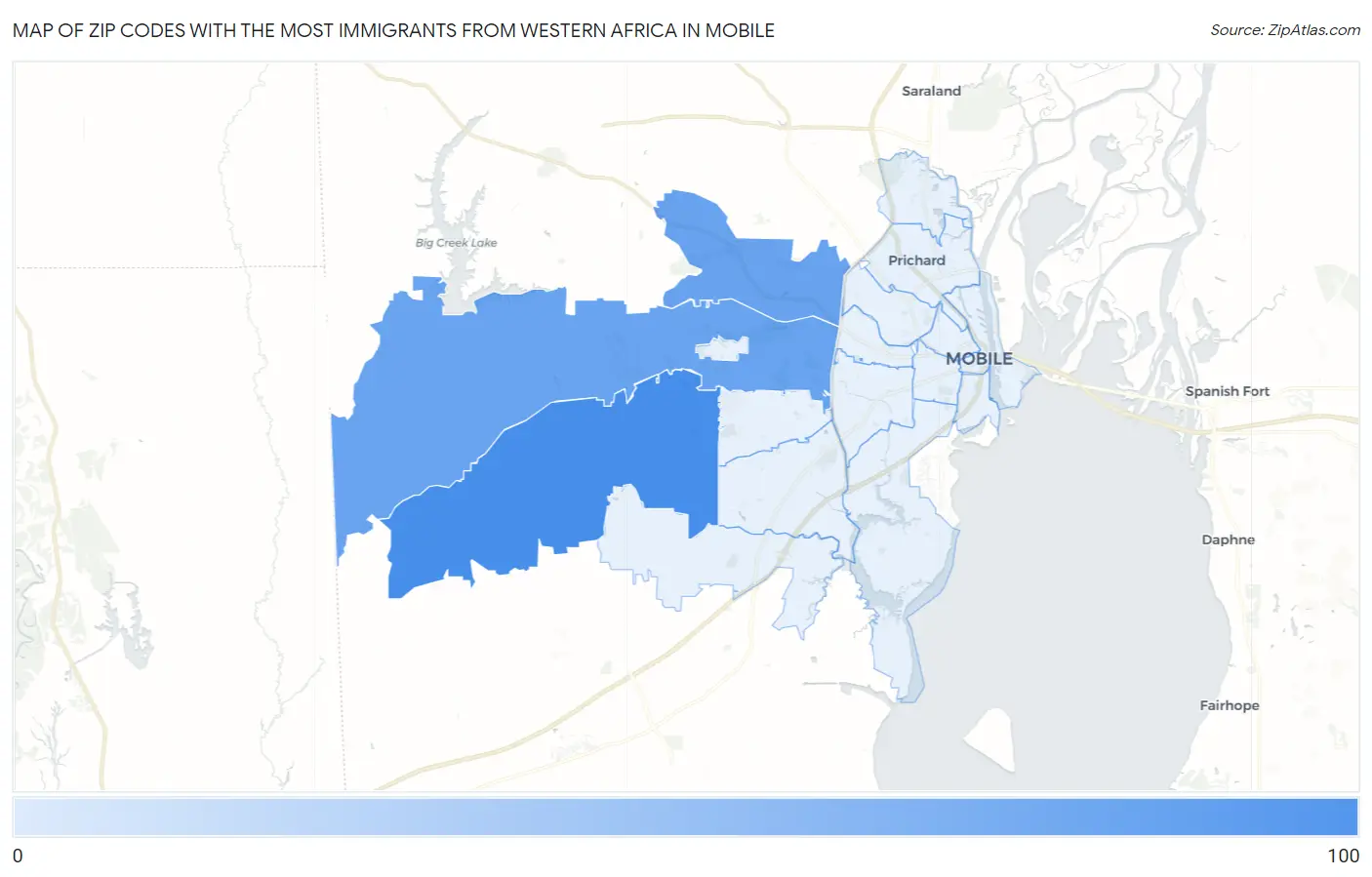 Zip Codes with the Most Immigrants from Western Africa in Mobile Map