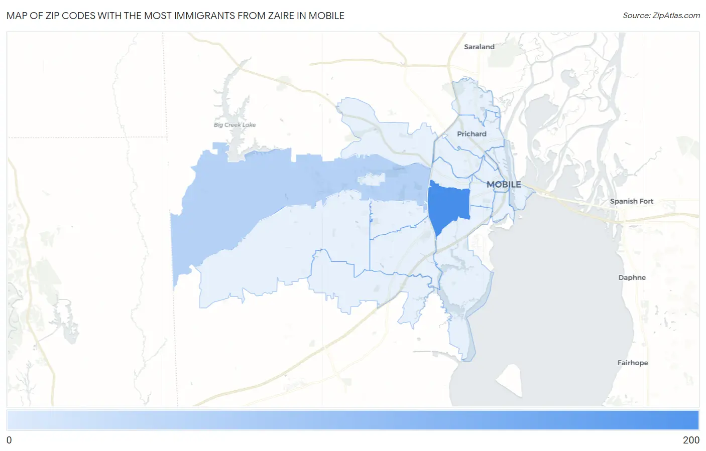 Zip Codes with the Most Immigrants from Zaire in Mobile Map